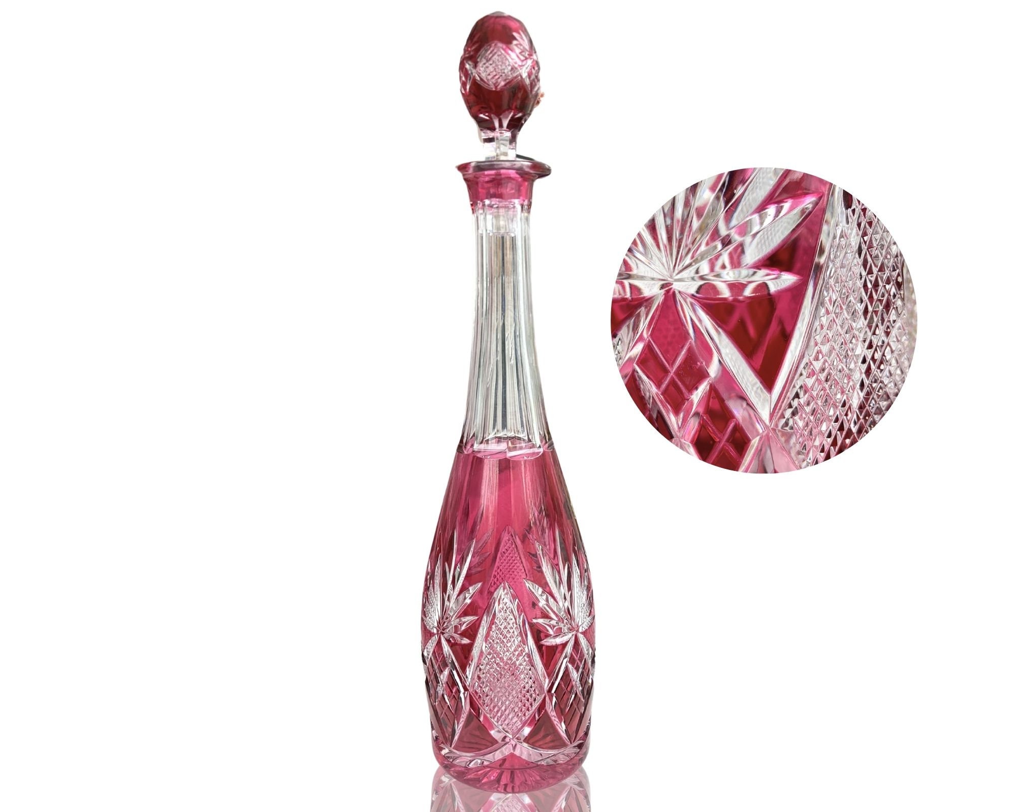 Val Saint Lambert Decanter | Red Color Overlay | Cut Crystal