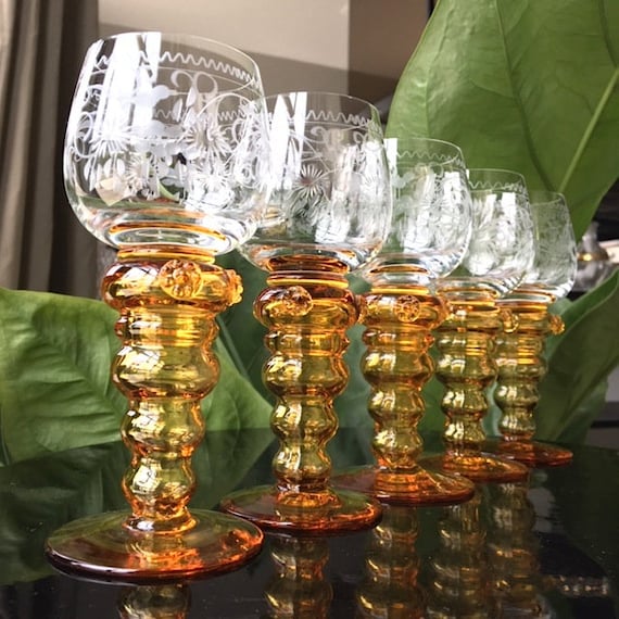 5x Antique Wine Glasses Amber Hollow Voice Art Deco -  Denmark