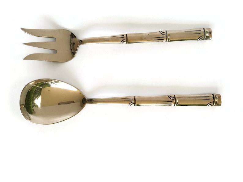 2 Pcs Salad Servers Polished Brass Gold Bamboo Serving Etsy