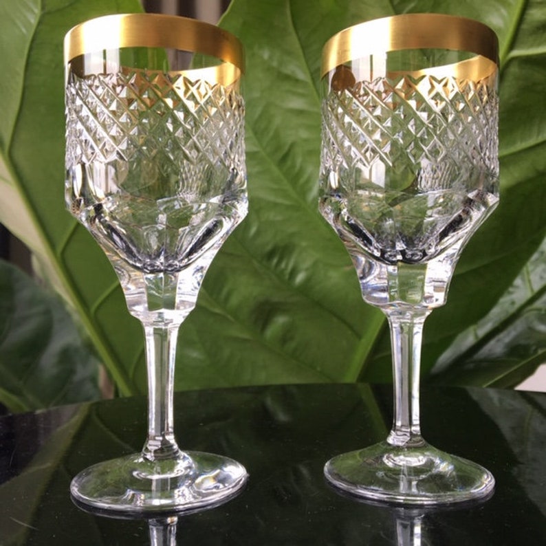 2x Crystal cut Cordial Port Glasses / 24K Gold Rim / Thick Etsy
