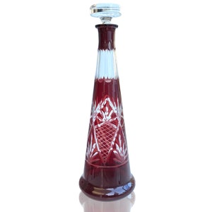 Crystal Cylinder Decanter | Cut-to-clear Carafe | Color Overlay in Ruby Red | ca 1940s