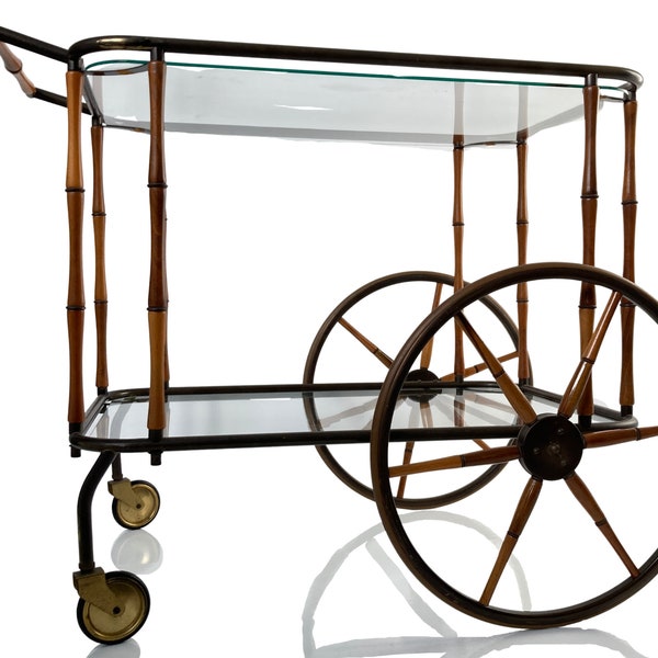 Maison Jansen Bar Cart Bamboo | Drinks Trolley In Brass, Wood and Clear Glass | Paris 1950s