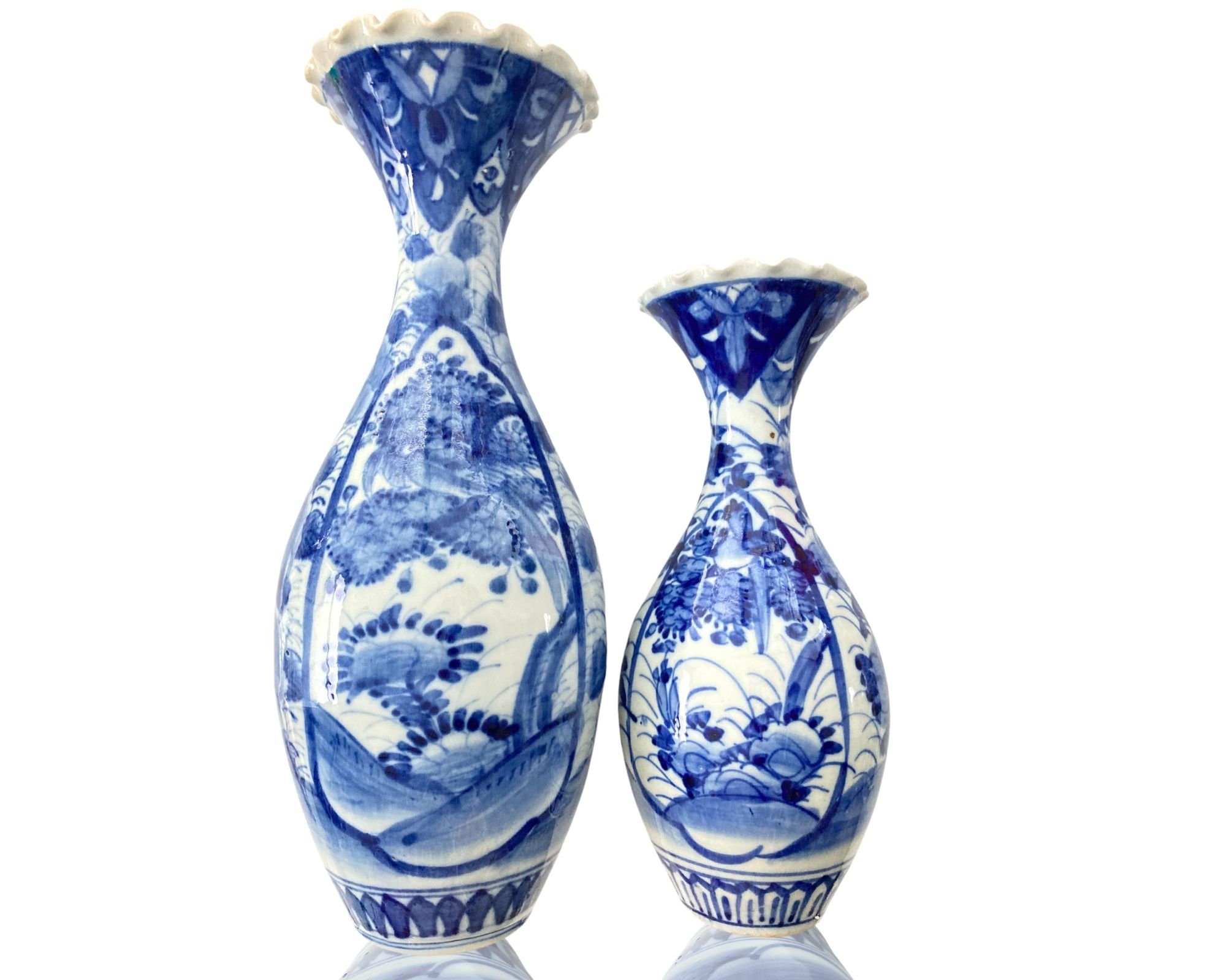 青と白の花瓶2点セット｜2個｜アンティーク日本製｜手描き｜1900年頃 