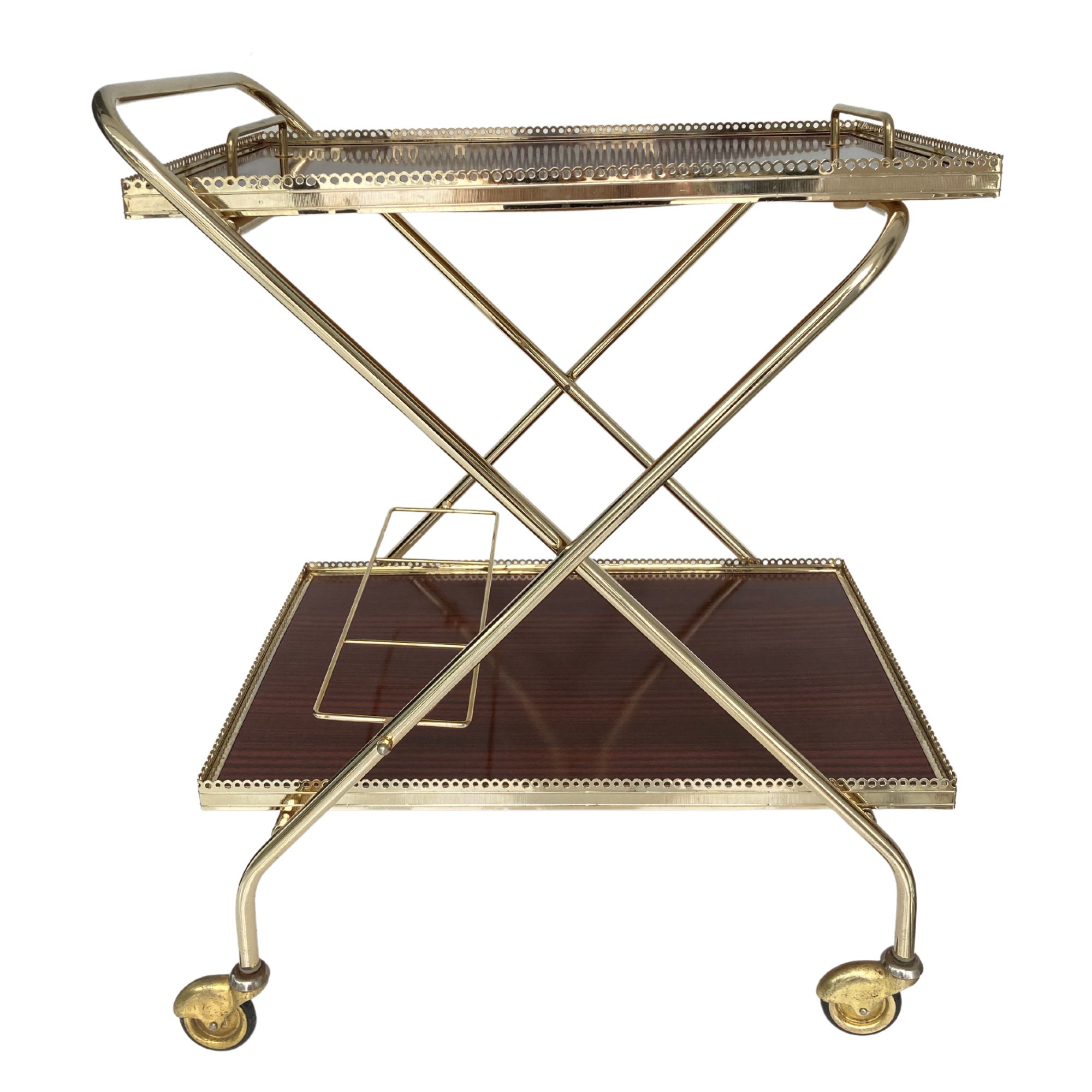 Treviso 19 Wide Black Glass and Gold Round Serving Bar Cart