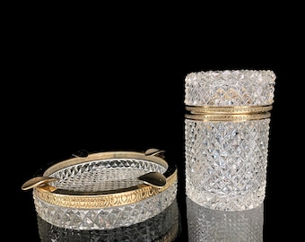 Cinzeiro de cristal e porta-cigarros | 2 peças | Lapidação francesa de diamante com latão