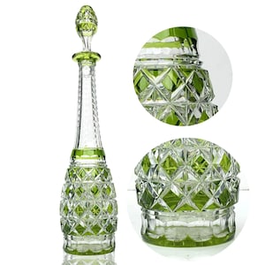 Tall Decanter Val Saint Lambert | Lime Green 'Color Overlay' | 17.3" (44cm) | Cut Crystal Carafe | 1900-1940