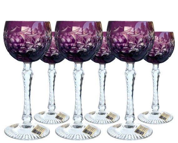 Vintage Purple Bohemian Cut To Clear Crystal Wine Glasses. Set of 4.
