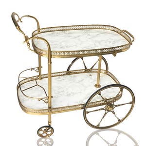 Brass BAR CART Neoclassical | Faux Marble and Removable serving tray | Italian (1Pcs)