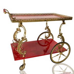Brass Bar Cart | Red Lacquered Wood | Rococo Style 1950s