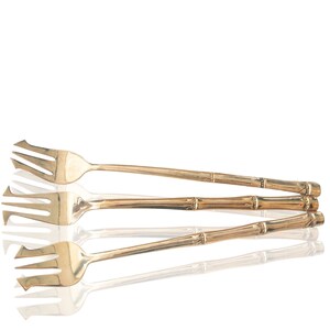 真鍮製ピクルスフォーク |カクテルツール | 3個セット |ヴィンテージ竹模様 | 6.88インチ (17.5cm) | 新品に磨き済み!