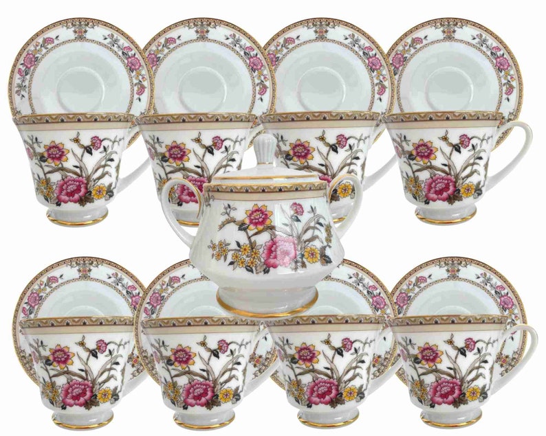 Tasses à thé sur pieds en porcelaine Noritake 8 Soucoupes 11 Sucrier 1 Rêve asiatique rose image 4