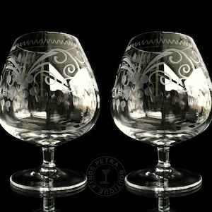 Crystal Large COGNAC GLASSES | Brandy Snifters| 2Pcs | Bird Engravings | Theresienthal Radgravuret