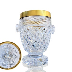 Crystal Ice Bucket with Handles | 24k Gold Trim | Diamond Cuttings | 1950-1970sS