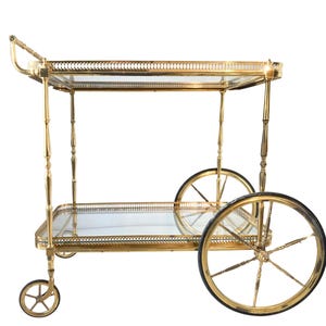 French BAR CART | Brass and Clear Glass | Turned Brass Poles