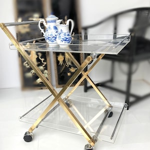 Lucite Brass Bar Cart | Acrylic Drinks Cart Gold Accents | 1970s