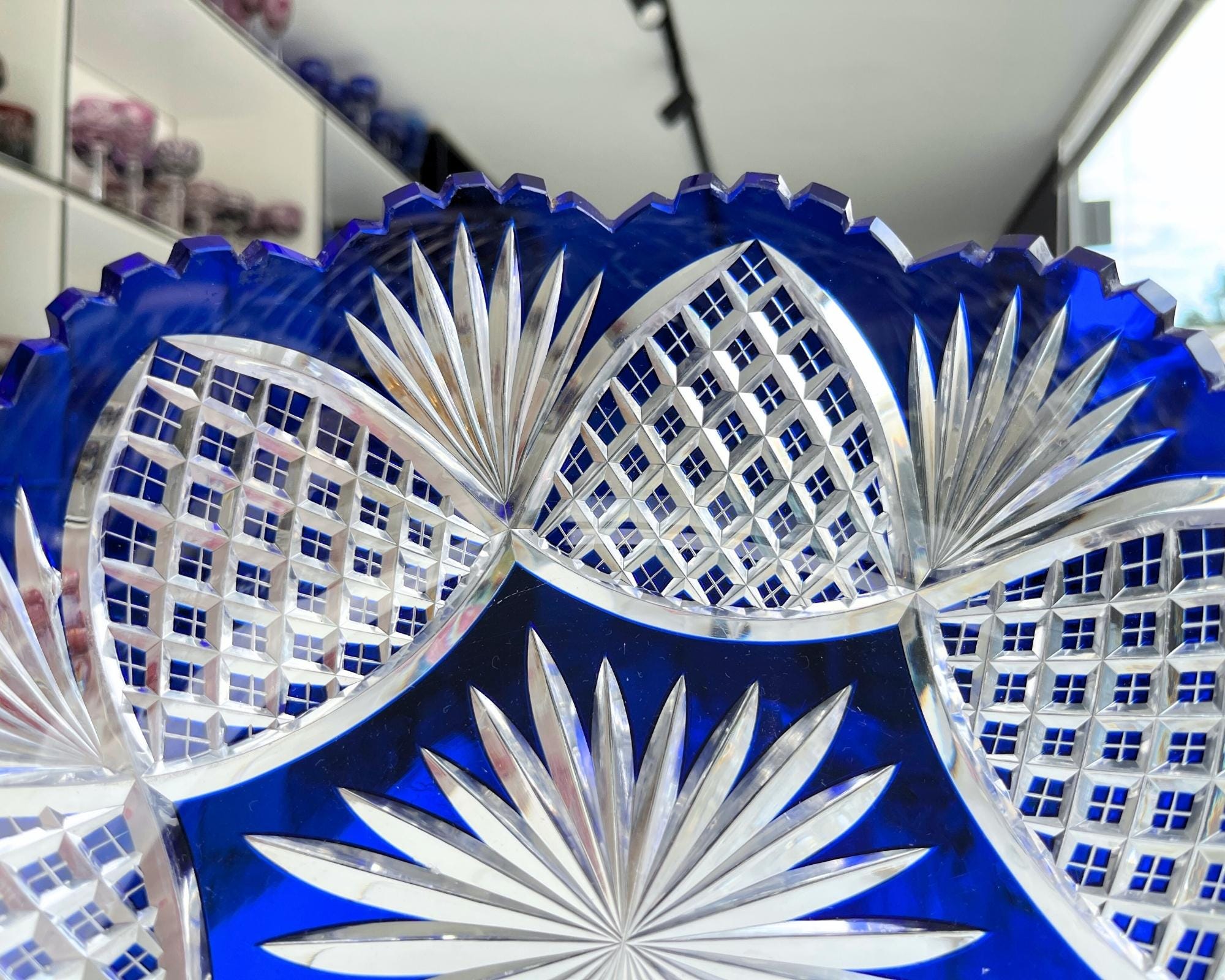 Val Saint Lambert Crystal Bowl | Blue Cut to Clear | Vintage