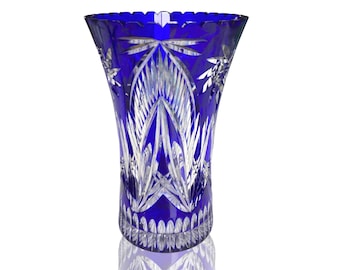 Vase en cristal coupé | 10,2" de haut | Superposition de couleur bleu | Lourd 5,7 lb | 1 pièce