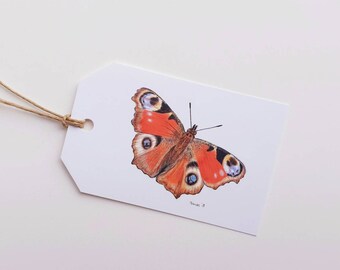 Dagpauwoog, vlinder, set van 6 cadeaulabels, print van kleurpotloodtekening