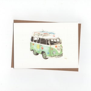 Hippie bus, camper, gevouwen kaart met envelop, print van kleurpotloodtekening