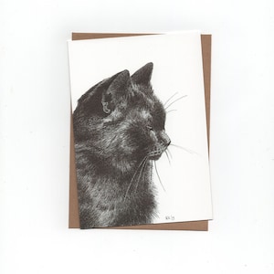 Gatto nero, biglietto piegato con busta, stampa di disegno a penna