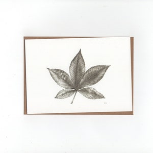 Hoja de castaño, hoja de otoño, tarjeta doblada con sobre, impresión de dibujo a bolígrafo
