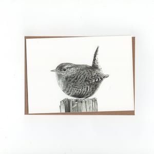 Winterkoninkje, gevouwen kaart met envelop, print van pentekening