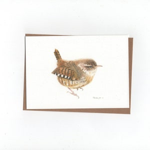 Winterkoninkje, gevouwen kaart met envelop, print van kleurpotloodtekening