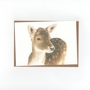 Damhertje in de sneeuw, gevouwen kaart met envelop, print van kleurpotloodtekening