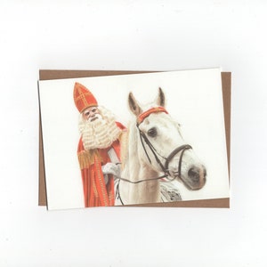 Sinterklaas met paard, gevouwen kaart met envelop, print van kleurpotloodtekening