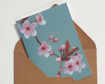 Japanese cherry blossom, sakura,  double card with envelope, print of colouredpencildrawing