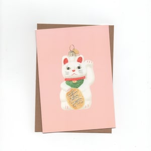 Lucky cat, maneki neko, double card with envelope, print of colouredpencildrawing