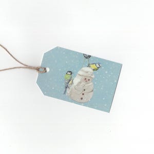 Mésange charbonnière et mésange bleue dans la neige, lot de 6 étiquettes cadeaux, impression d'un dessin au crayon de couleur
