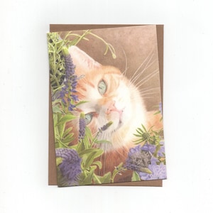 Gatto rosso tra i fiori, cartoncino piegato con busta, stampa di disegno a matita colorata