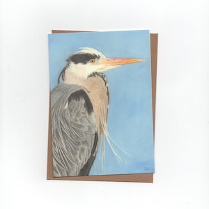 Blauwe  reiger,  print van kleurpotloodtekening, gevouwen kaart met envelop
