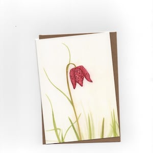 Peut inclure: Carte de vœux avec une illustration à l'aquarelle d'une fleur rouge et violette à carreaux, avec de l'herbe verte et une enveloppe marron. La fleur est le point central, avec des pétales détaillés et une tige fine.