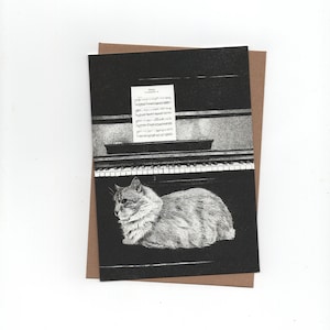 Chat Boris au piano, impression d'un dessin à la plume, carte de vœux pliée avec enveloppe