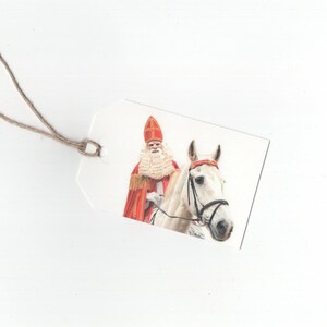 Sinterklaas avec cheval, ensemble de 6 étiquettes cadeaux, impression d'un dessin au crayon de couleur