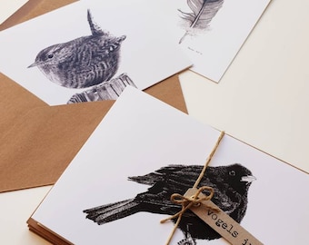 Birds in ink, set of 10 folded cards with envelope, prints of drawings