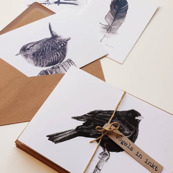 Vogels in inkt, set van 10 dubbele kaarten met envelop, prints van tekeningen