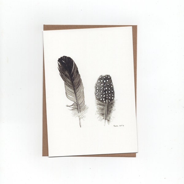 Parelhoen-en duivenveer, veren, dubbele kaart met envelop,  print van pentekeningen