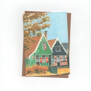 Deux maisons Zaanse, Zaanse Schans, carte pliée avec enveloppe, impression d'un dessin au crayon de couleur