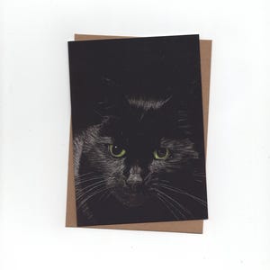 Zwarte kat, print van pasteltekening, gevouwen kaart met envelop