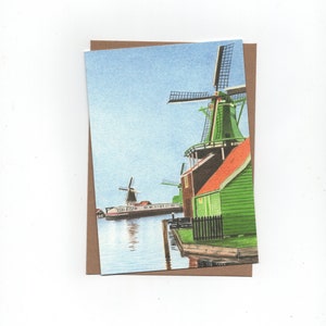 Molens aan de Zaan, Holland, gevouwen kaart met envelop, print van kleurpotloodtekening