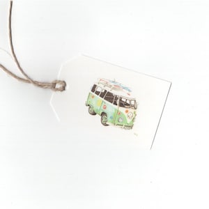 Fourgonnette hippie, camping-car, lot de 6 étiquettes cadeaux, impression d'un dessin au crayon de couleur