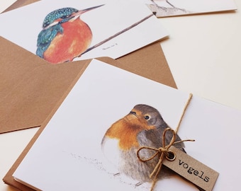 Vogels, set van 10 dubbele kaarten met envelop,  prints van tekeningen