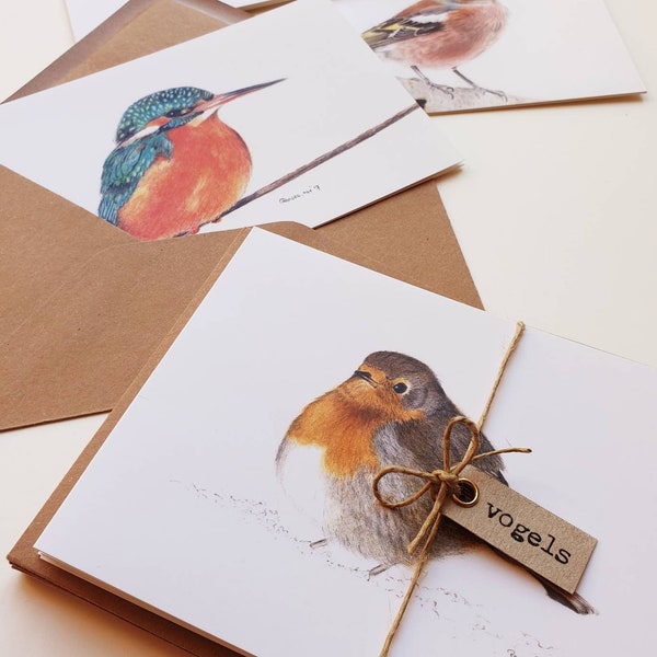 Birds, set of 10 double cards with envelope, prints of drawings