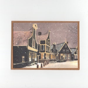 Sneeuw op de Zaanse Schans, gevouwen kaart met envelop, print van kleurpotloodtekening