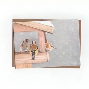 Jilgueros en la nieve, tarjeta doblada con sobre, impresión de dibujo a lápiz de colores