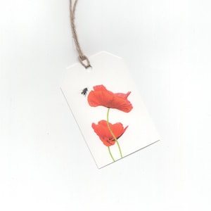 Amapolas con abejorro, juego de 6 etiquetas de regalo, impresión de dibujo a lápiz de colores