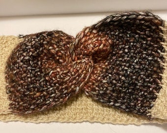 Tunisian Crochet Beige and Brown Headband